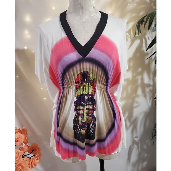 Vtg Rampage Y2K V-Neck Babydoll Batwing Sleeve Top Size S Tribal Tiki Mask Aztec - Picture 1 of 10